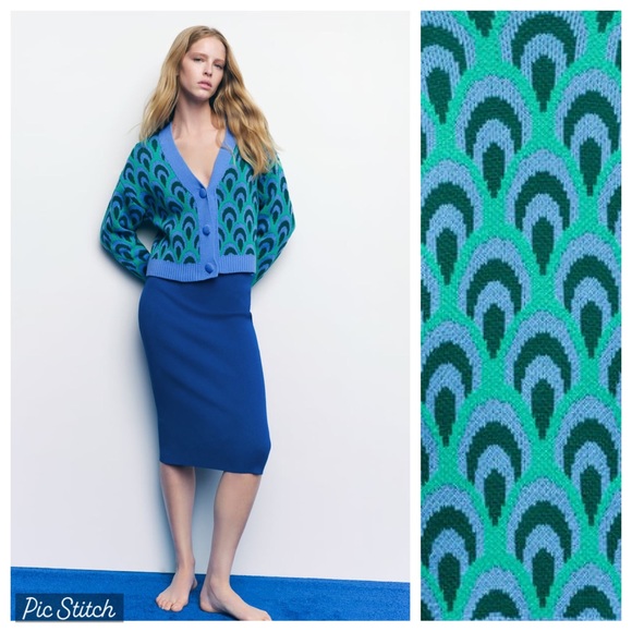 Zara Sweaters - NWT. Zara Blue/Green Jacquard Knit V-neck Cardigan. Size M.